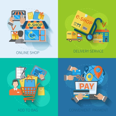 Shopping e-commerce concept design set with online delivery service convenient payment flat icons isolated vector illustration