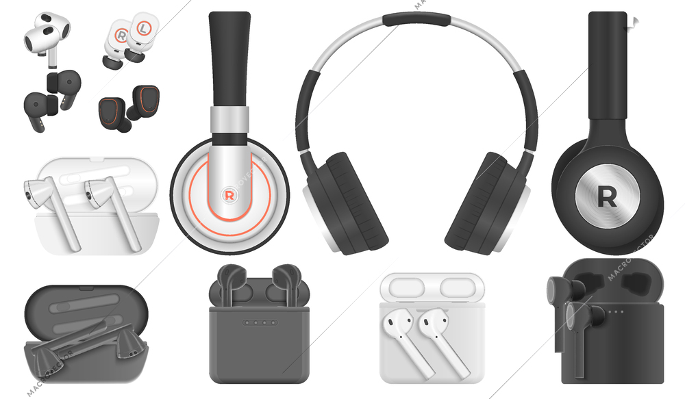 Wireless headphones realistic set with music symbols isolated vector illustration