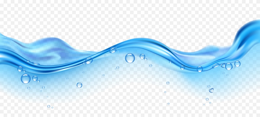 Realistic blue water wave with bubbles on transparent background vector illustration