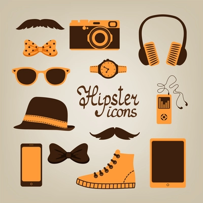 Hipster items collection of glasses bow mustache shoes and hat vector illustration