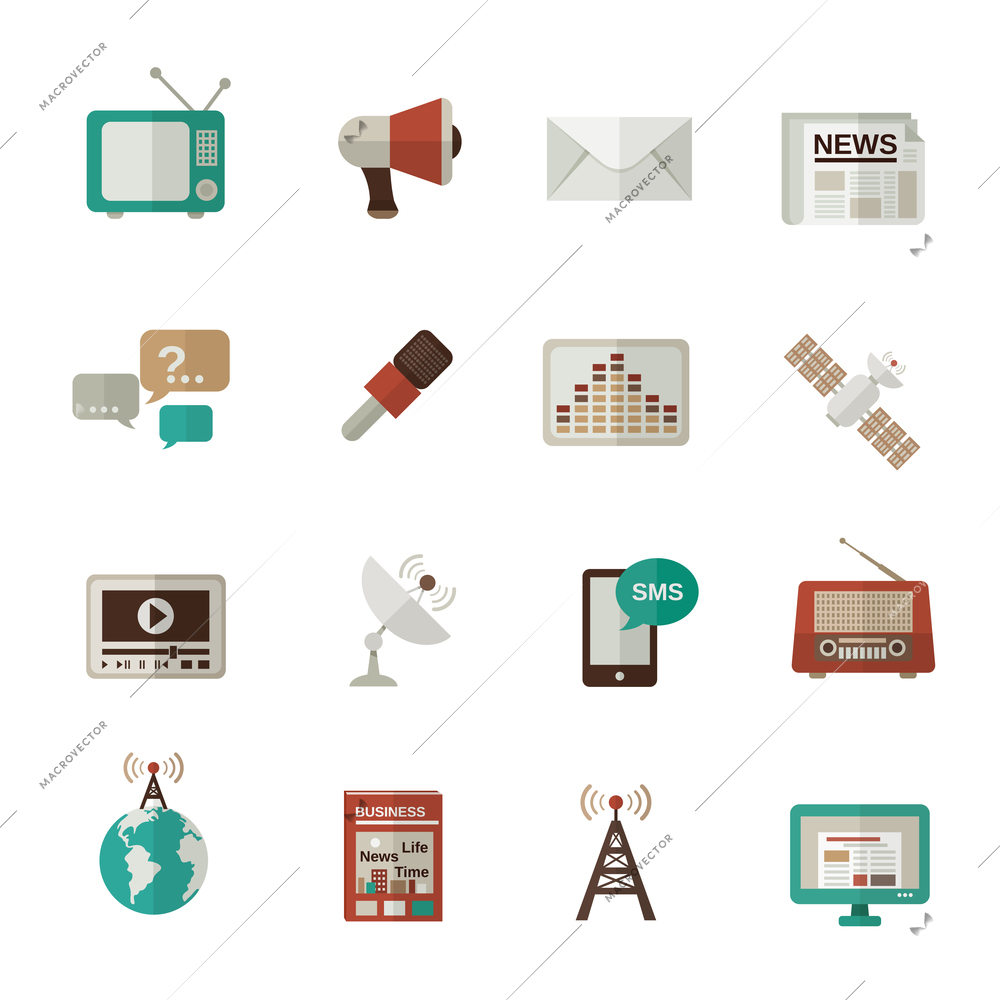 Media news icons flat set with smartphone megaphone laptop isolated vector illustration