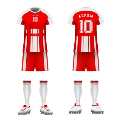 Realistic soccer player uniform set with isolated images of sport gaming suite with number and name vector illustration