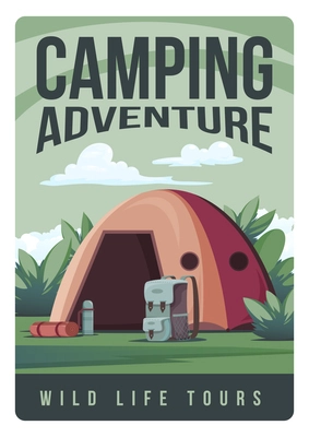 Camping adventure poster with vertical composition of text and outdoor scenery with tent backpack and mat vector illustration