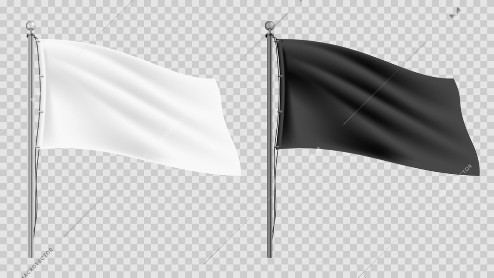 Set of waving blank white and black flag mockups on metal poles isolated on transparent background realistic vector illustration