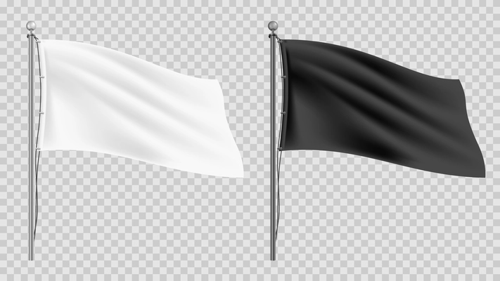 Set of waving blank white and black flag mockups on metal poles isolated on transparent background realistic vector illustration