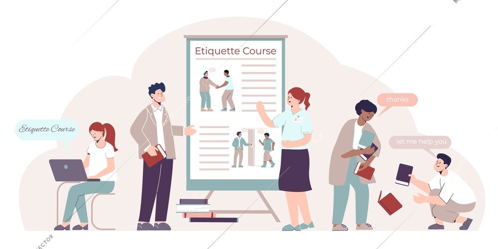 Etiquette course flat composition with female person teaching rules of behavior in society with help of poster vector illustration