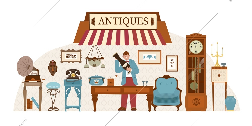 Antique shop flat composition with view of storefront canopy with ornate text and vintage furniture pieces vector illustration