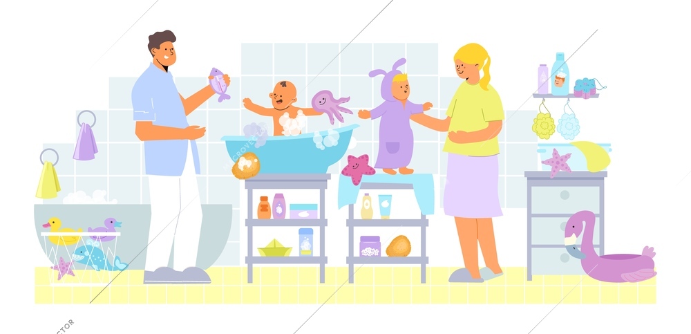 Baby bathing time flat composition with indoor bathroom scenery and mother with father and two kids vector illustration
