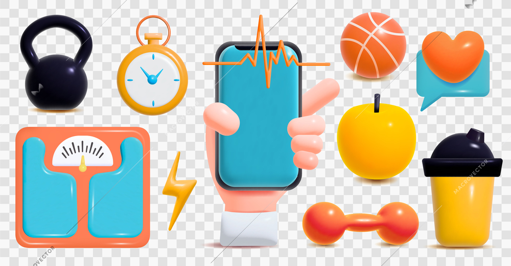 Fitness cartoon color set with scales apple basketball barbell stopwatch isolated on transparent background vector illustration