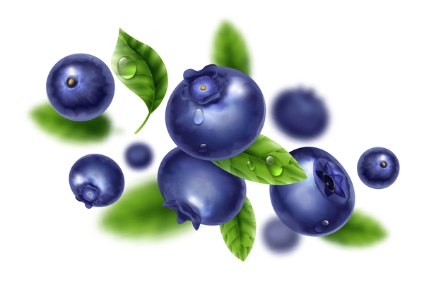 Flying blueberries with leaves and water drops composition with blurred image in background realistic vector illustration