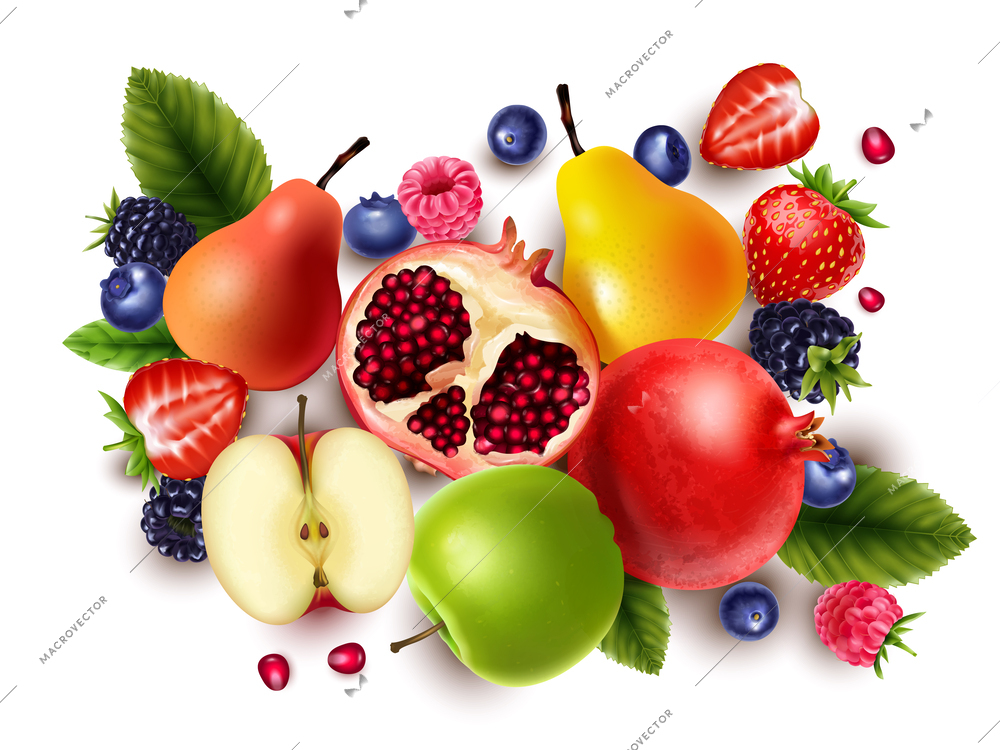 Realistic fresh fruits and berries top view with apple pomegranate strawberry pear blueberry blackberry raspberry vector illustration