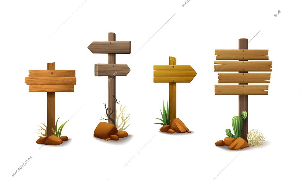 Wild west cartoon set of four isolated wooden posts with empty arrow signboards on blank background vector illustration