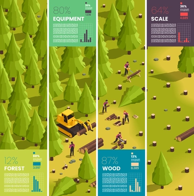 Deforestation infographics isometric with wood cutting equipment and lumberjack workers vector illustration