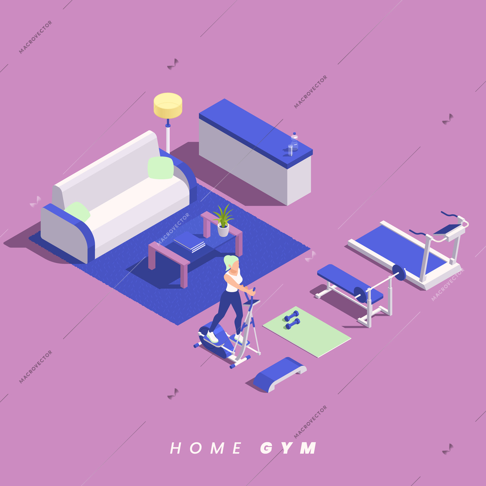Home gym isometric with girl doing elliptical machine training indoors vector illustration