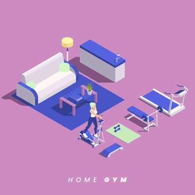 Home gym isometric with girl doing elliptical machine training indoors vector illustration