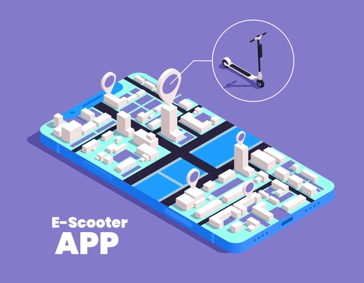 Sustainable public transport concept with electric scooter booking application isometric vector illustration