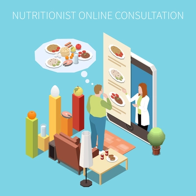 Online consultation with nutritionist isometric composition with overweight man talking to female nutrition expert on smartphone 3d vector illustration