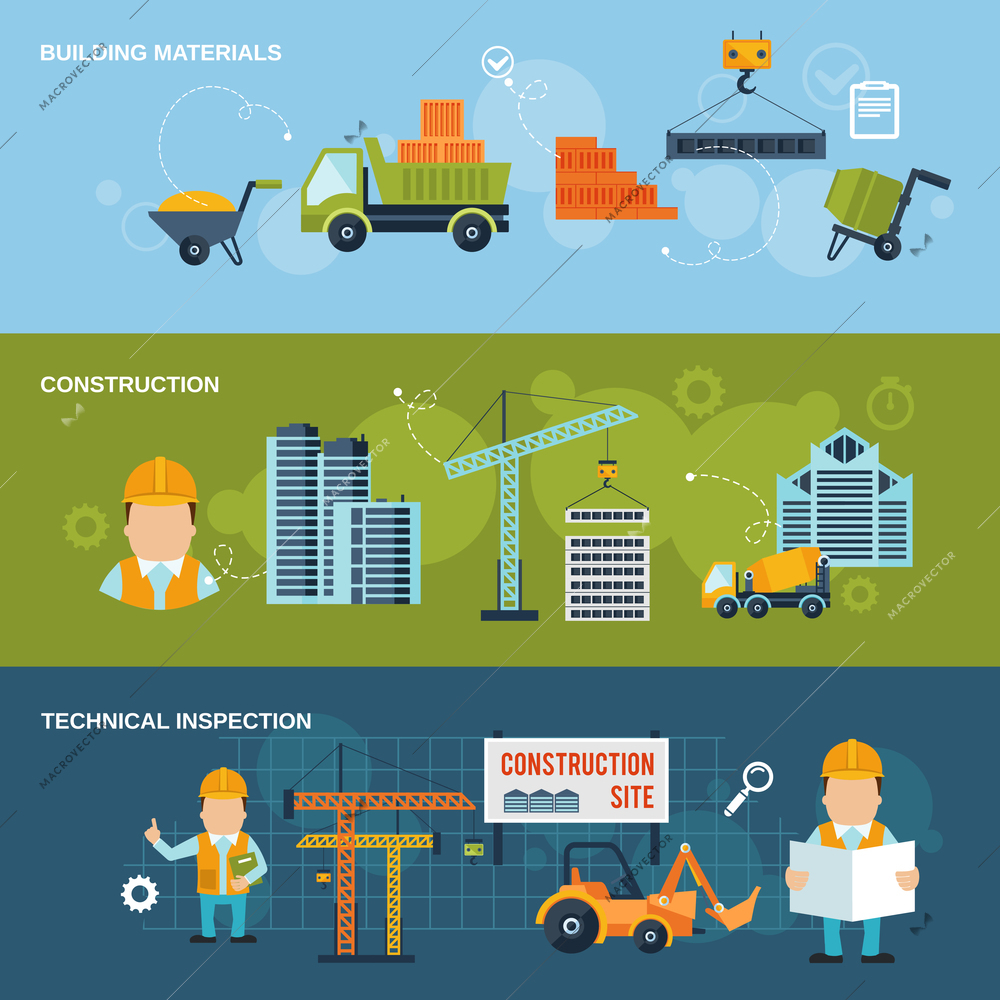 Construction horizontal banners set with building materials technical inspection isolated vector illustration
