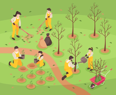 Teenagers work in park watering trees and seedeling plants isometric vector illustration