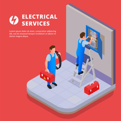 Electrical services isometric background demonstrated technicians performing installation works in electrical switchboard vector illustration