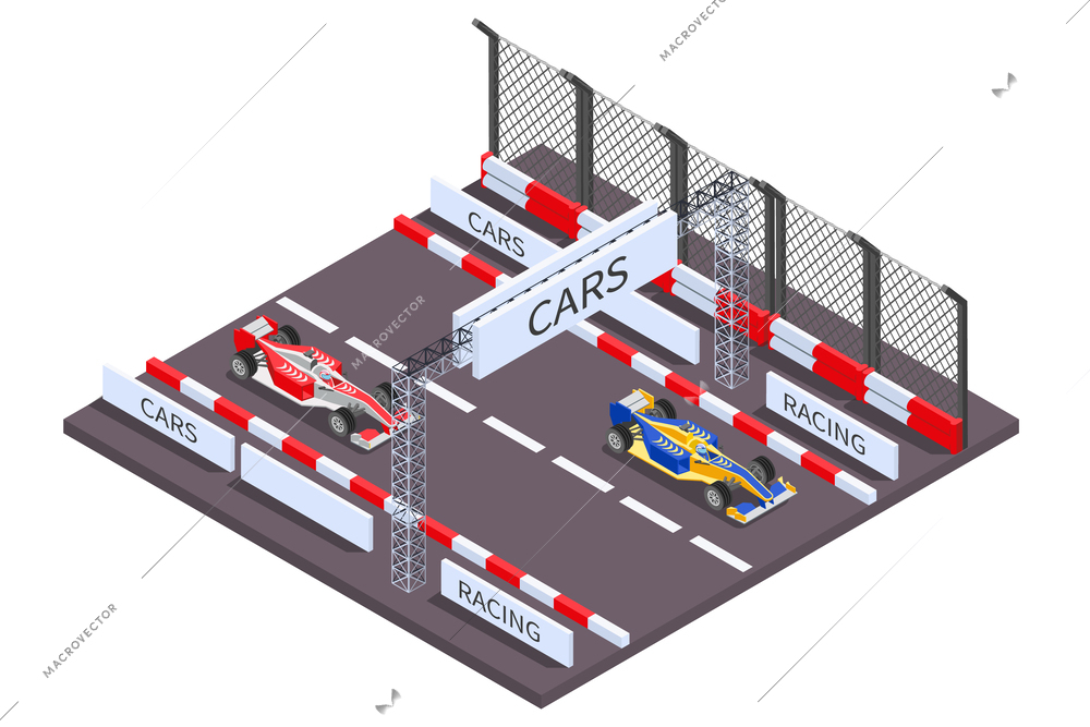 Racing isometric composition with view of race track section with formula racing cars and colorful barriers vector illustration
