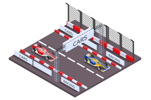 Racing isometric composition with view of race track section with formula racing cars and colorful barriers vector illustration