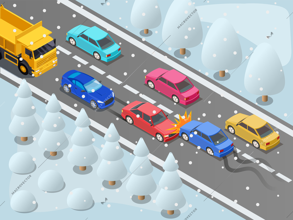 Winter driving car drift accident isometric composition with birds eye view of suburban motorway with traffic vector illustration