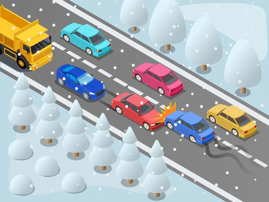 Winter driving car drift accident isometric composition with birds eye view of suburban motorway with traffic vector illustration