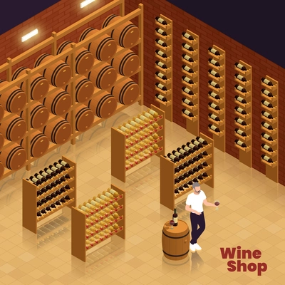 Small family business isometric composition with indoor view of winery showroom with shelves bottles wooden barrels vector illustration