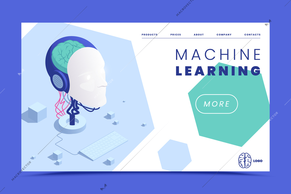 Machine learning deep learning isometric web site landing page with artificial brain clickable links and text vector illustration