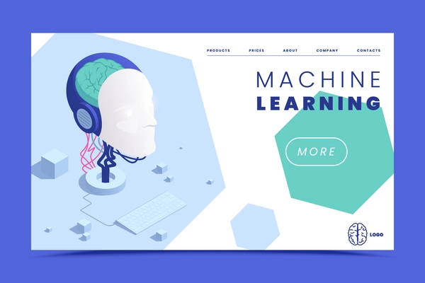 Machine learning deep learning isometric web site landing page with artificial brain clickable links and text vector illustration