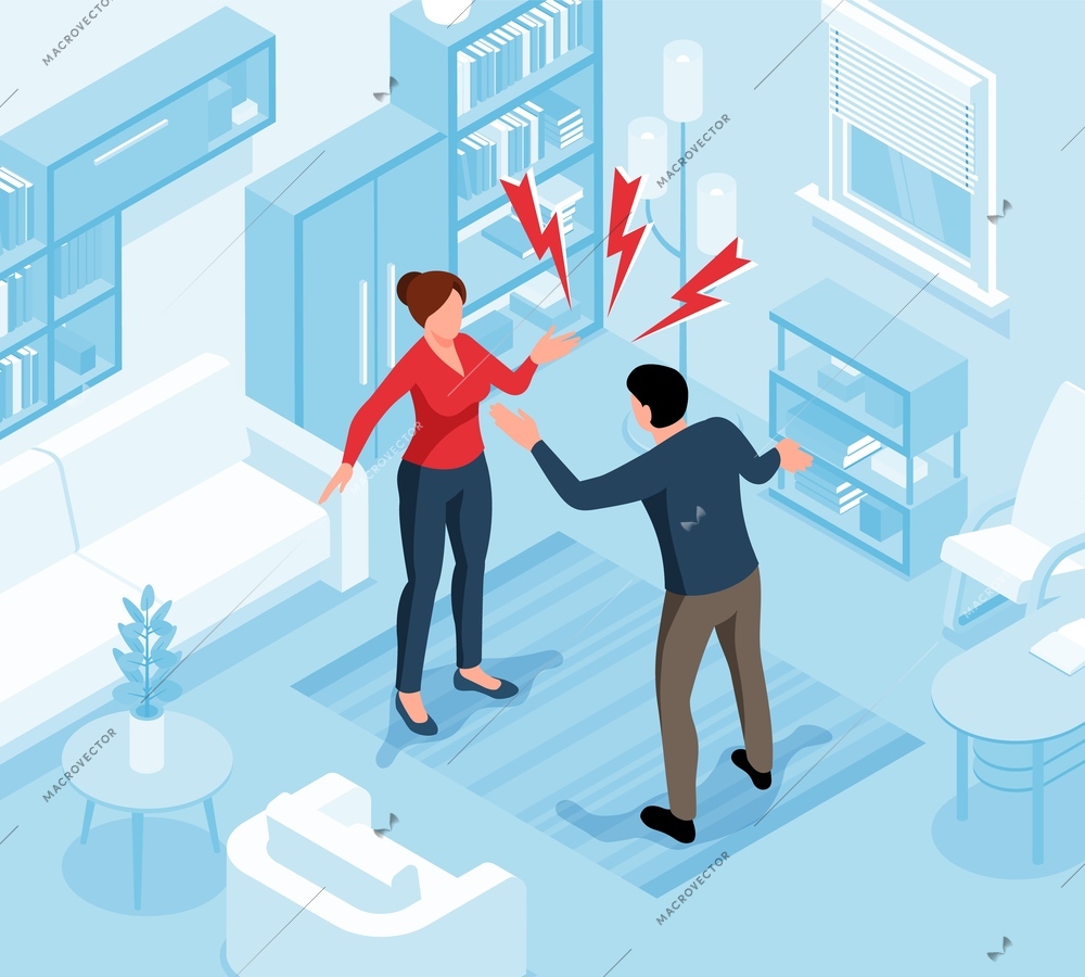 Isometric family conflict scene with man and woman yelling on each other vector illustration