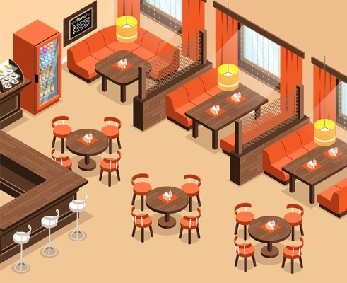 Empty restaurant interior with differnt tables and bar counter isometric vector illustration