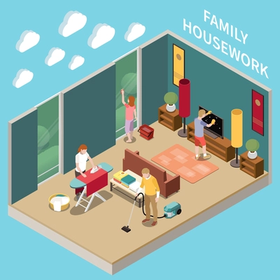 Home chores isometric composition with members of family cleaning walls wiping dust from furniture vacuuming floor ironing clothes vector illustration