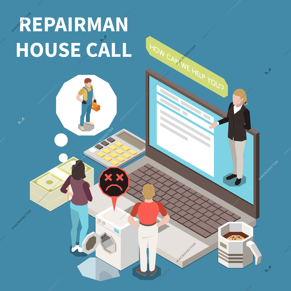Repairman  house call isometric background with young couple broken washing machine and repair service website on computer screen vector illustration