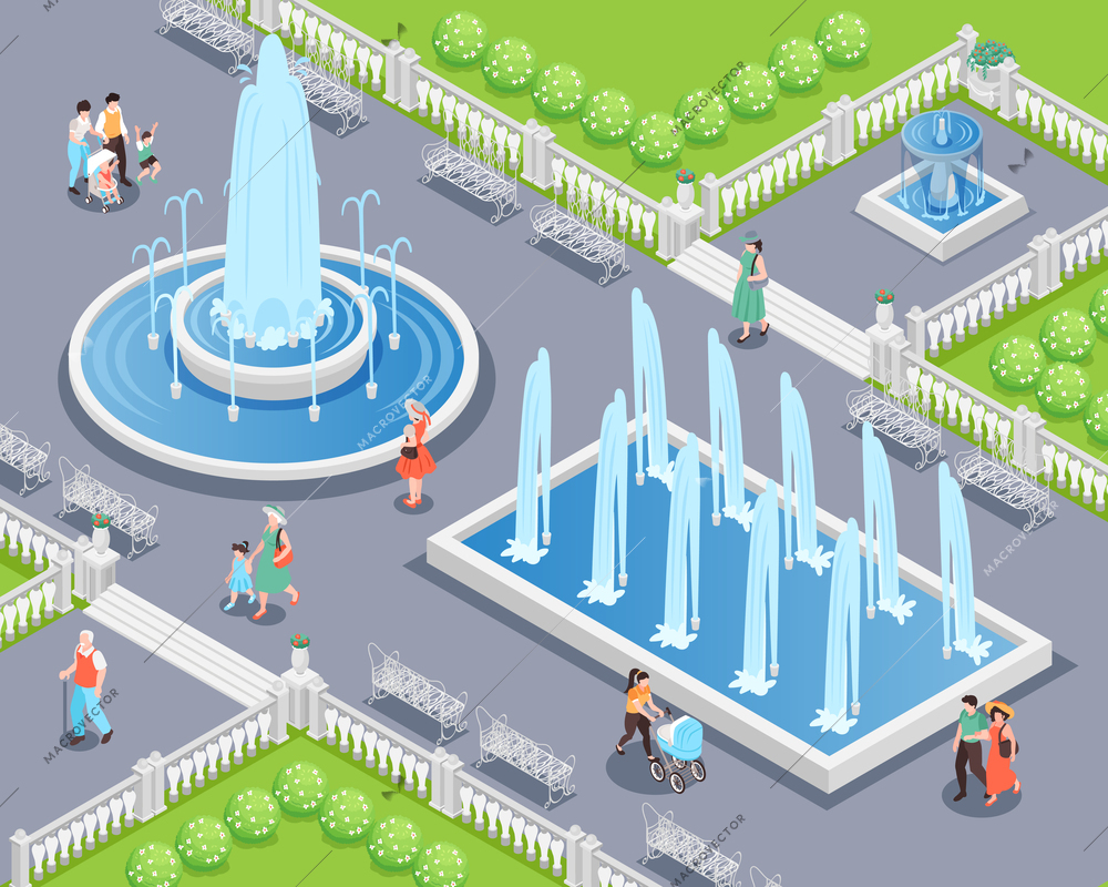 Isometric city park composition with people walking around water fountains vector illustration