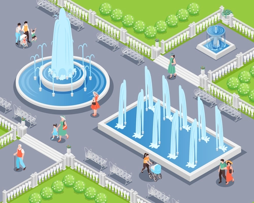 Isometric city park composition with people walking around water fountains vector illustration