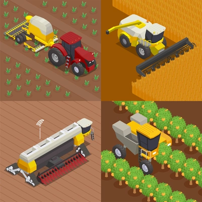Modern agricultural machinery set of four square isometric compositions with outdoor views of working automated vehicles vector illustration