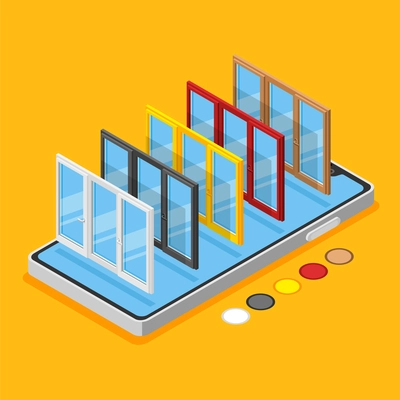 Plastic windows isometric background with mobile phone and different types of pvc frames vector illustration