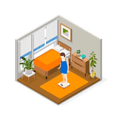 People morning routine isometric composition with woman weight herself in her room vector illustration