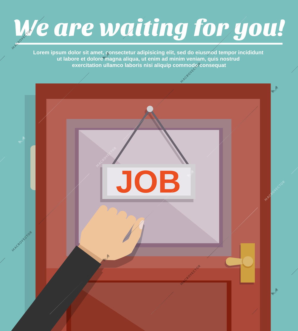 Job search concept with businessman hand knocking on office door vector illustration