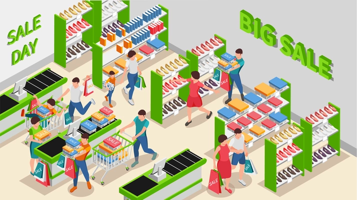 Shopping people isometric composition with indoor view of clothing store on big sale day with clients vector illustration