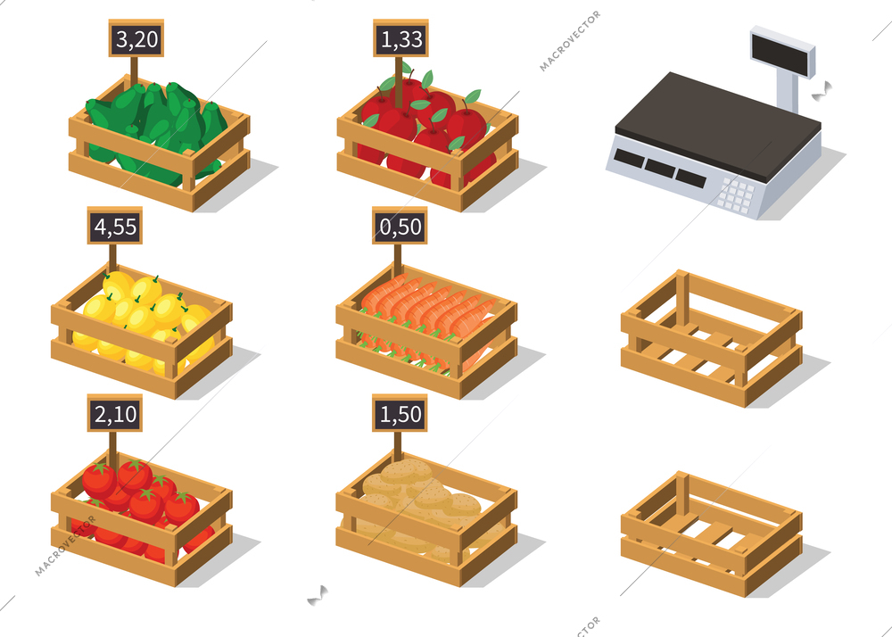 Boxes 3d set of isolated images with market wooden boxes empty and filled with fruits vegetables vector illustration