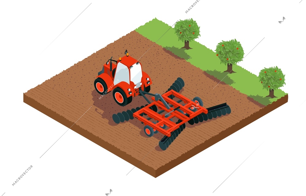 Agricultural machinery isometric composition with modern harrow working on farm field vector illustration