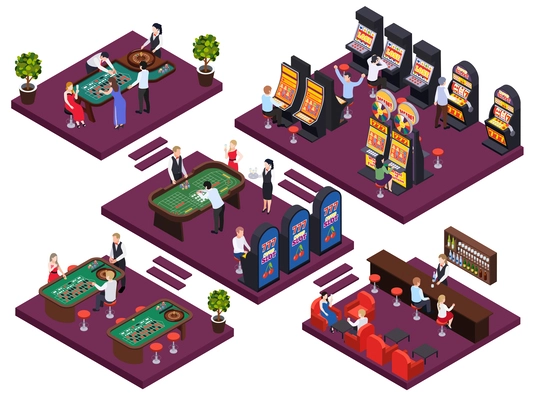 Casino isometric composition with set of platforms with gaming booth slot machines tables players and workers vector illustration