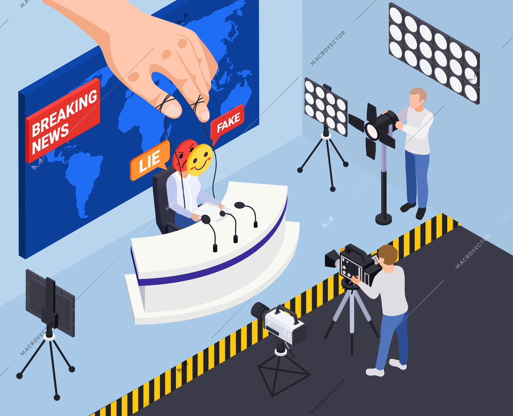 Fake news disinformation propaganda isometric composition with view of tv studio with camera operators and host vector illustration