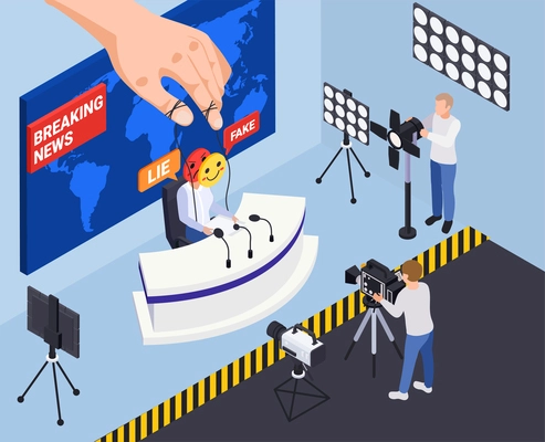 Fake news disinformation propaganda isometric composition with view of tv studio with camera operators and host vector illustration