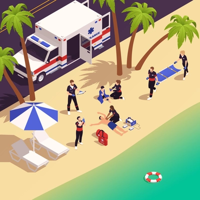 First aid isometric background with paramedics providing primary health care to vacationer on beach vector illustration