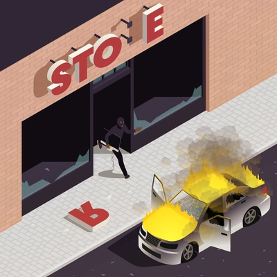 Street violence isometric concept with burning car and vandal taking out TV from shop with broken windows vector illustration