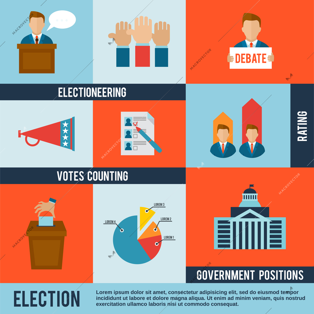 Election votes counting debate and rating icon flat set isolated vector illustration